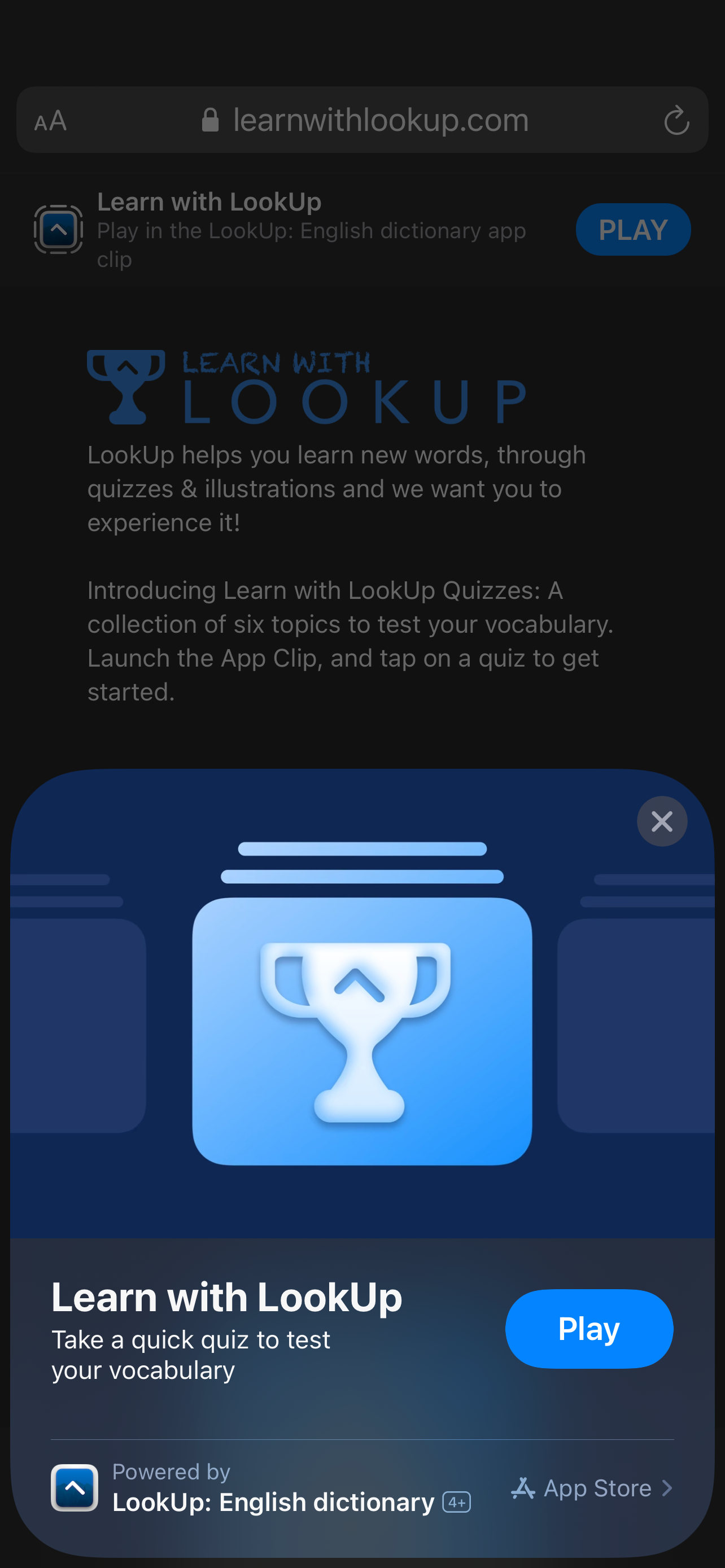 Safari App Clip pop up UI for LookUp