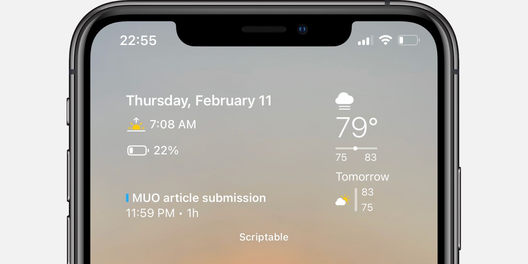 A transparent iPhone home screen widget with weather, calendar, and forecast data. Created via Scriptable on iOS 14