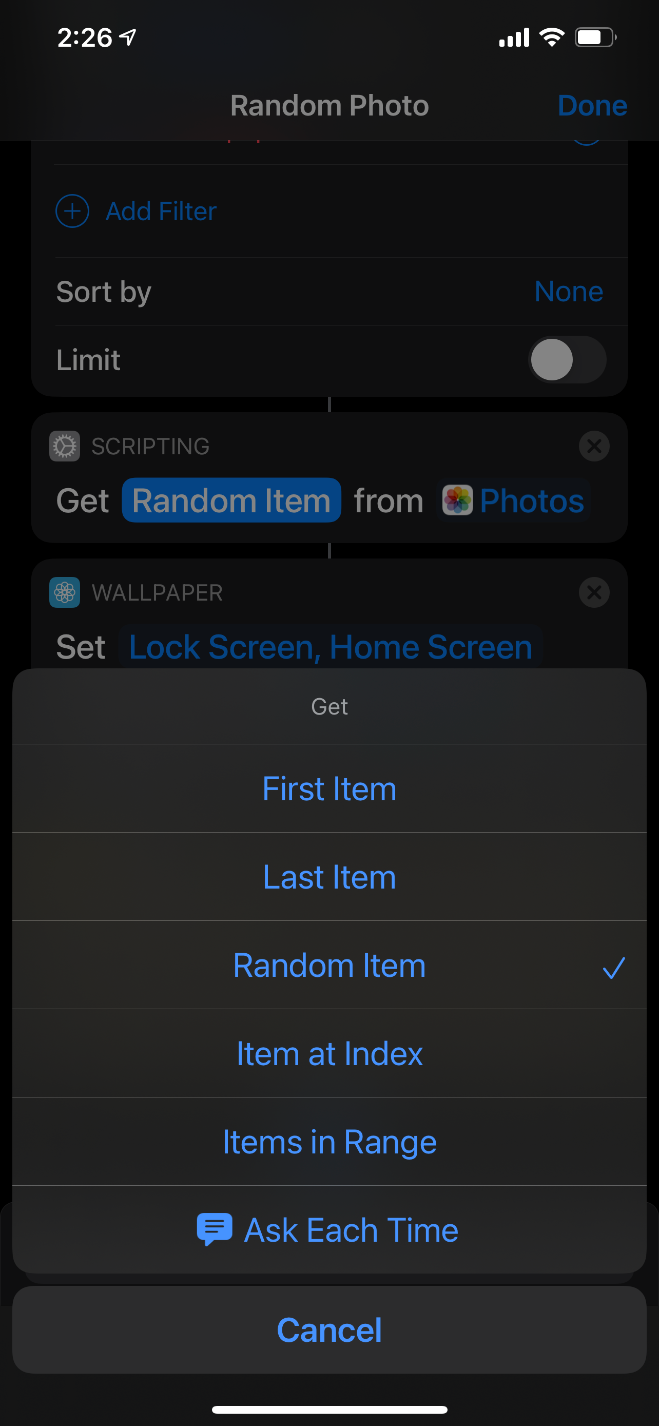 Select item from list action