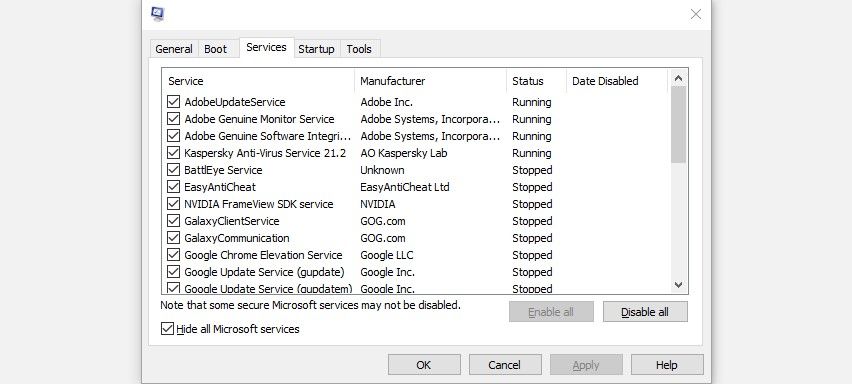 Services tab in System Configuration