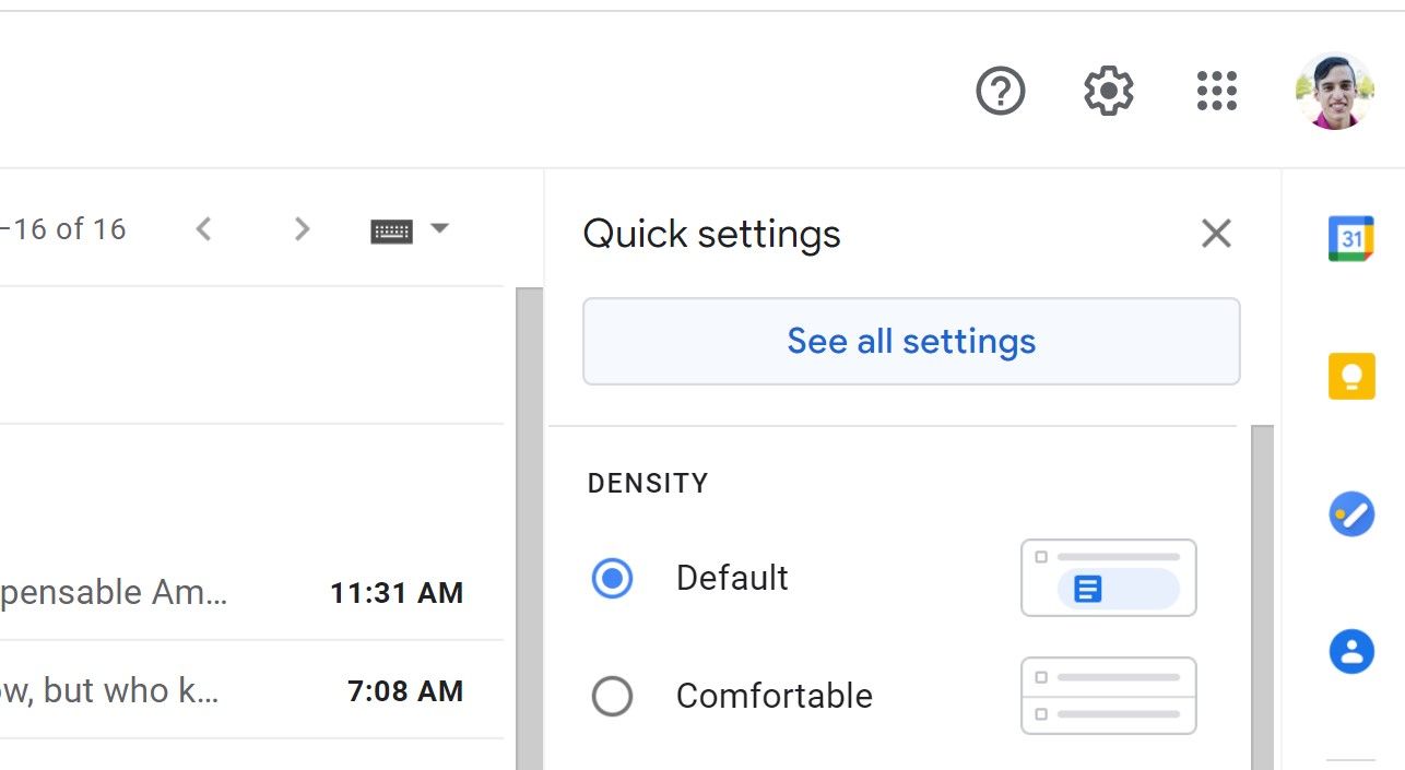 Quick settings menu in Gmail