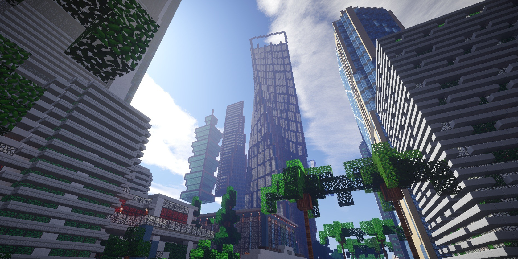 Looking up at skyscrapers built in Minecraft