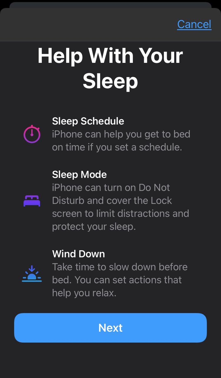 Screen explaining the Sleep functions in Apple Health: Sleep schedule, Sleep Mode, and Wind Down
