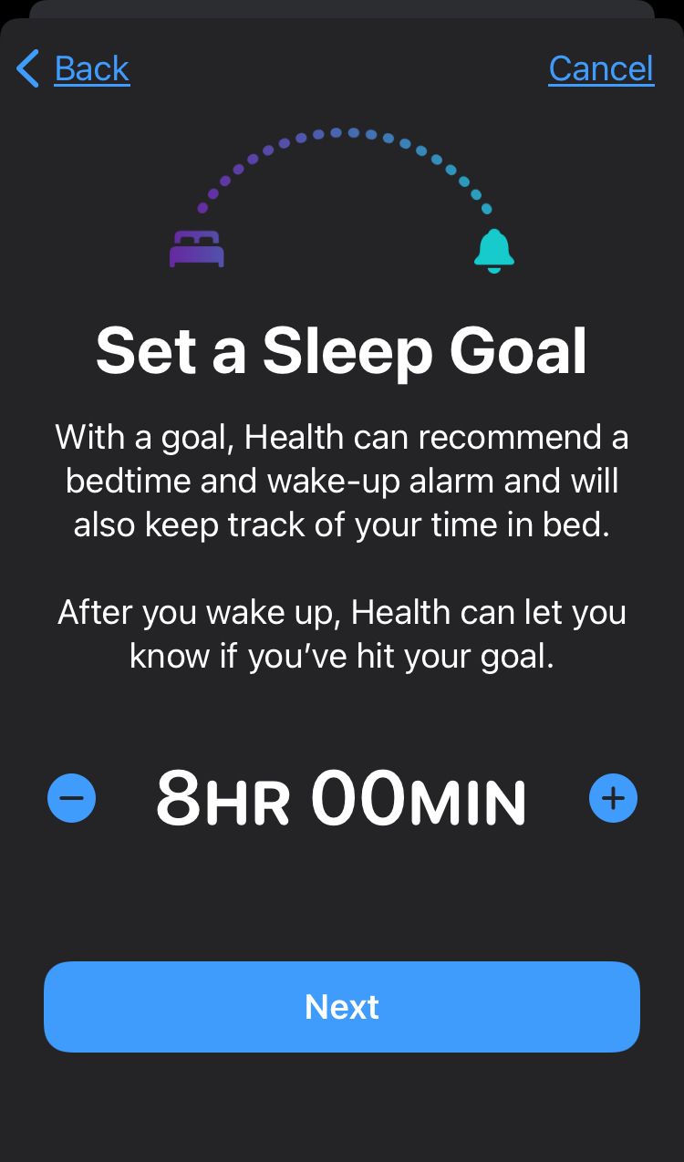Screen allowing the user to set a sleep duration goal