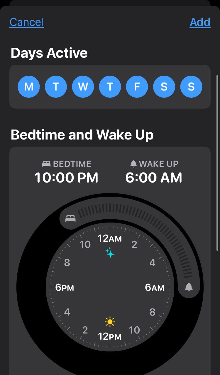 Sleep schedule setup screen showing bedtime and wake up time