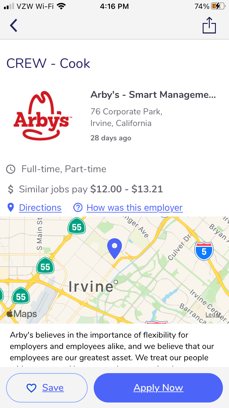Job details page showing the company, pay, location, and job title
