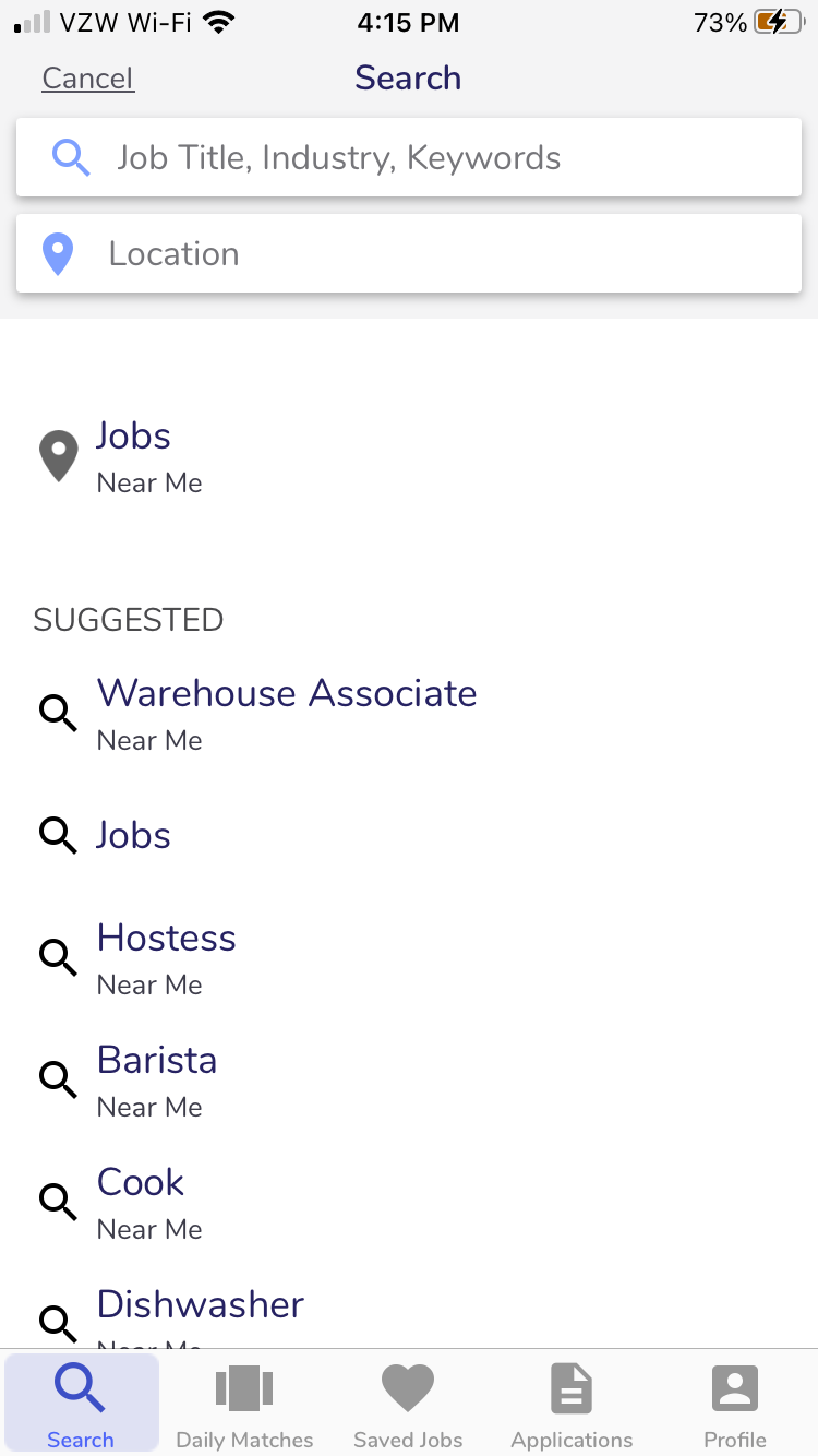 Job search screen in SnagAJob app