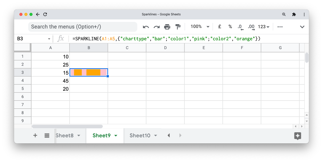A screenshot of Google Sheets showing a bar sparkline with custom colors
