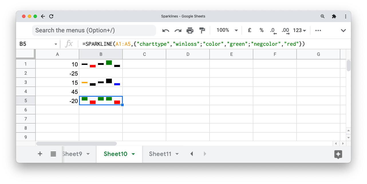 A screenshot of Google Sheets showing sparklines with more color options