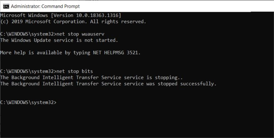 Use Command prompt to disable Windows update