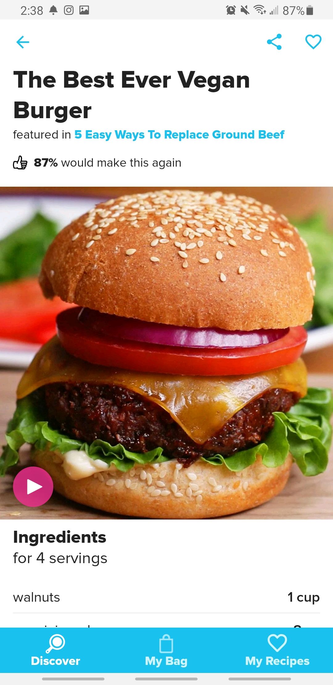 tasty app recipe card for best ever vegan burger