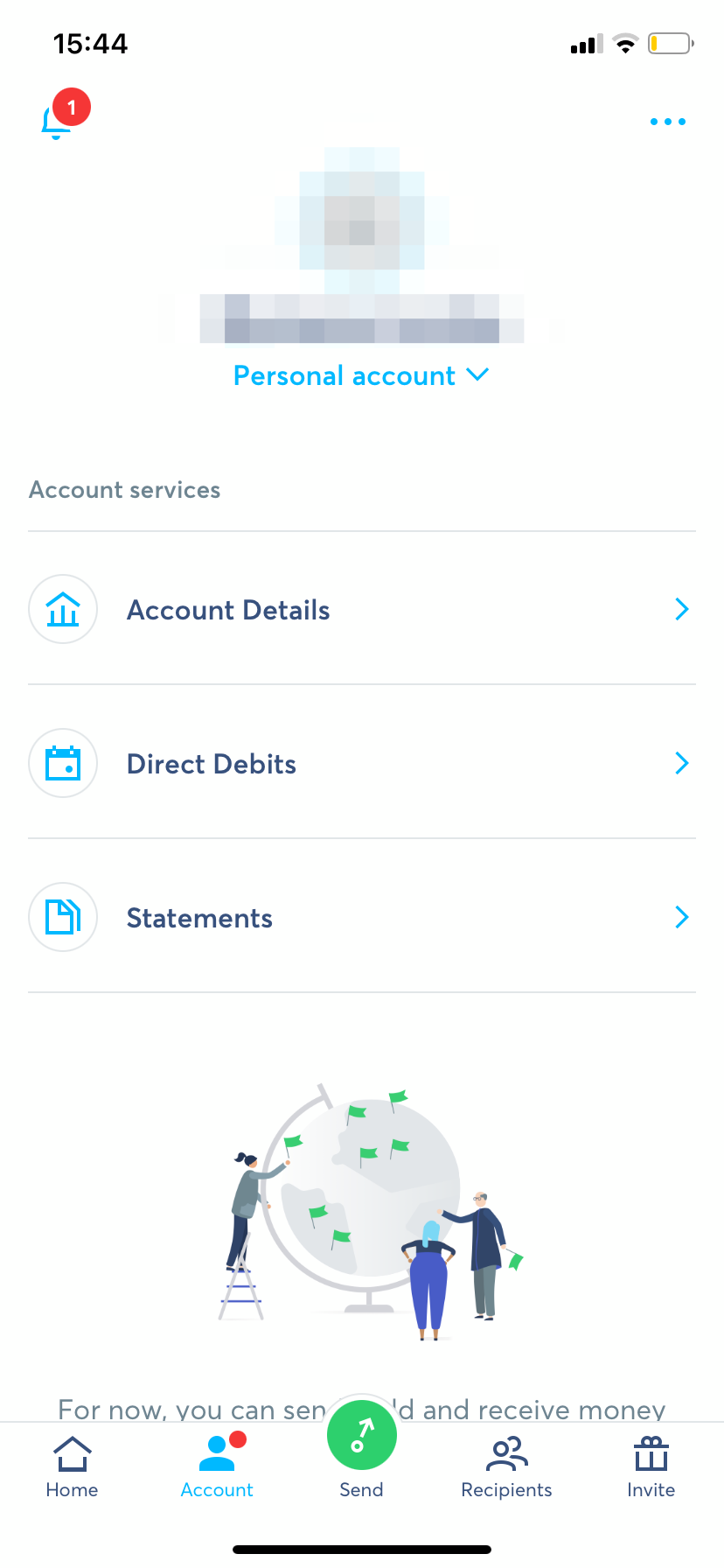account page TransferWise app on iPhone