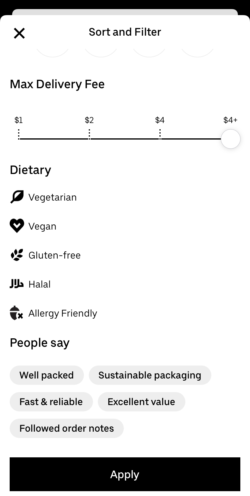 Uber Eats sort and filter options