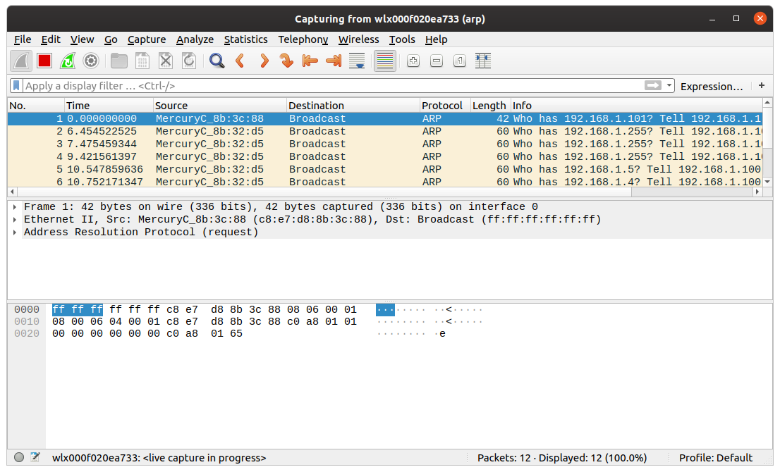 capturing ARP packets with Wireshark