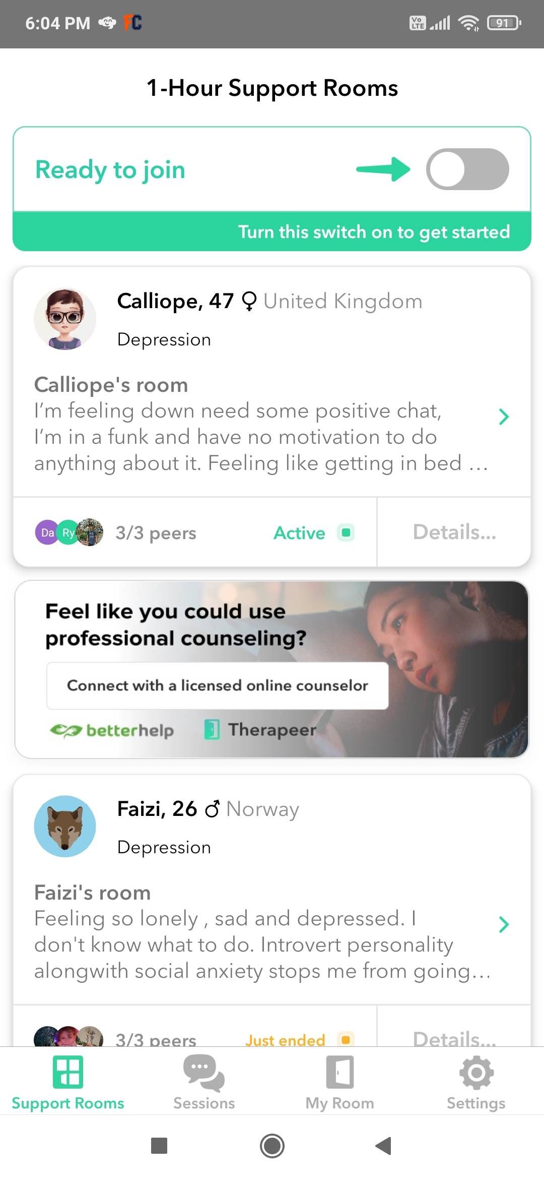 Enter a three-person, hour-long chatroom at Therapeer to discuss your own problems or listen to someone else vent about their issues