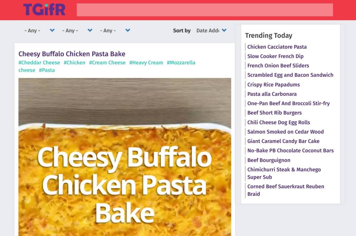 Tasty GIF Recipes is a collection of GIF recipes that you can sort by cuisine, type, and ingredient