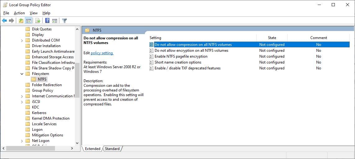 windows 10 group policy disable ntfs compression