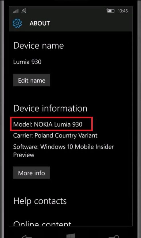 A Windows Phone's About Phone menu with the model name highlighted