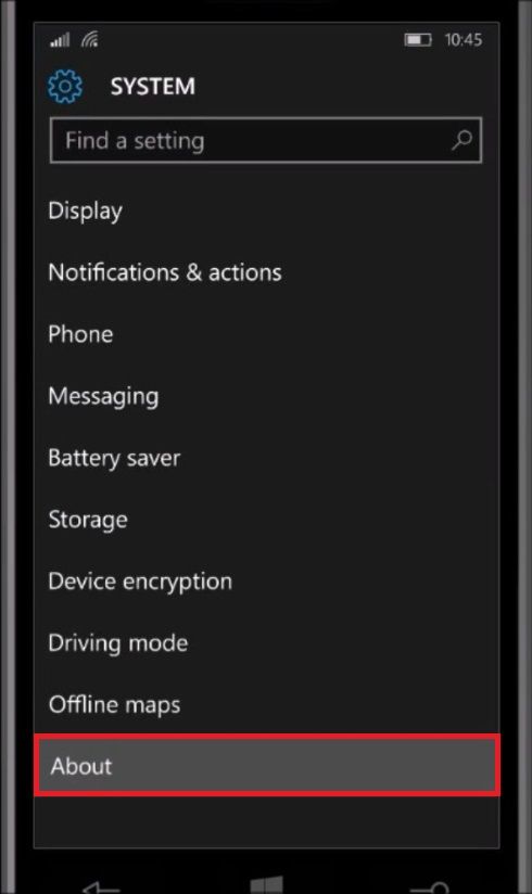 The Settings app in a Windows Phone, with the About submenu highlighted