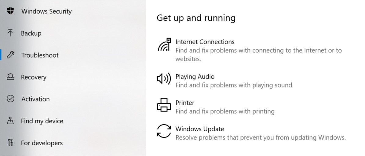 Windows Update Troubleshooter option in Settings