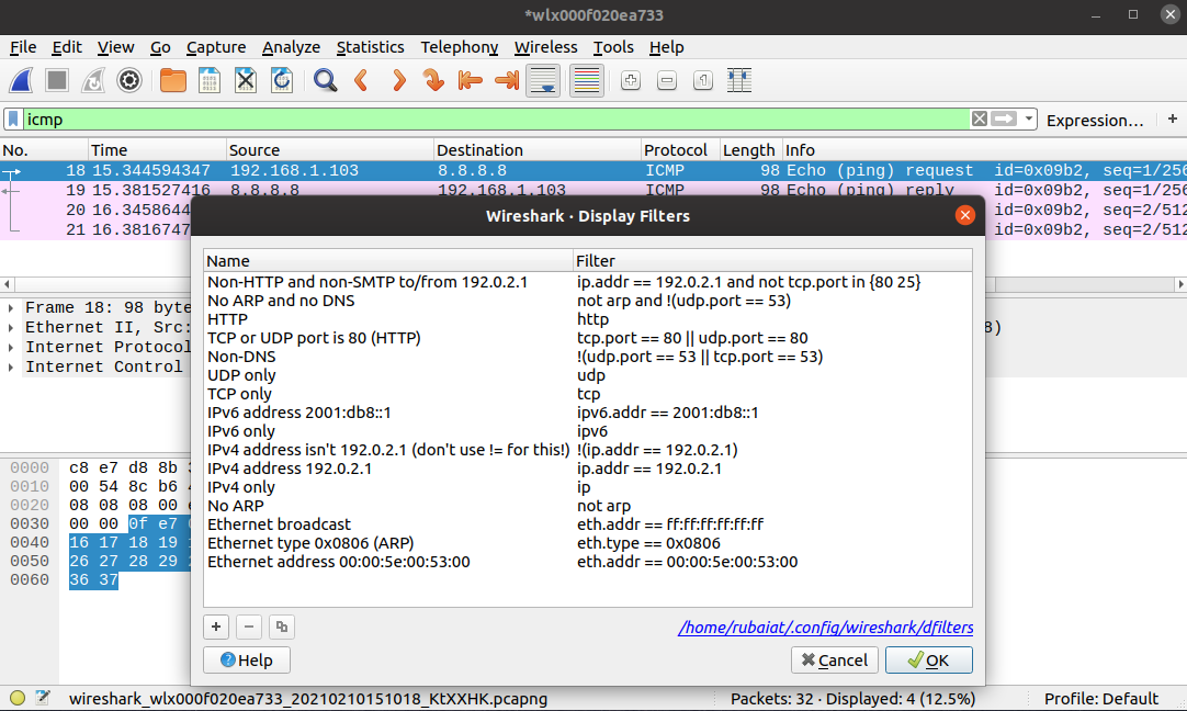 adding display filters for Wireshark packet capture