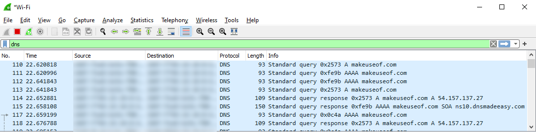 WireShark capturing DNS queries