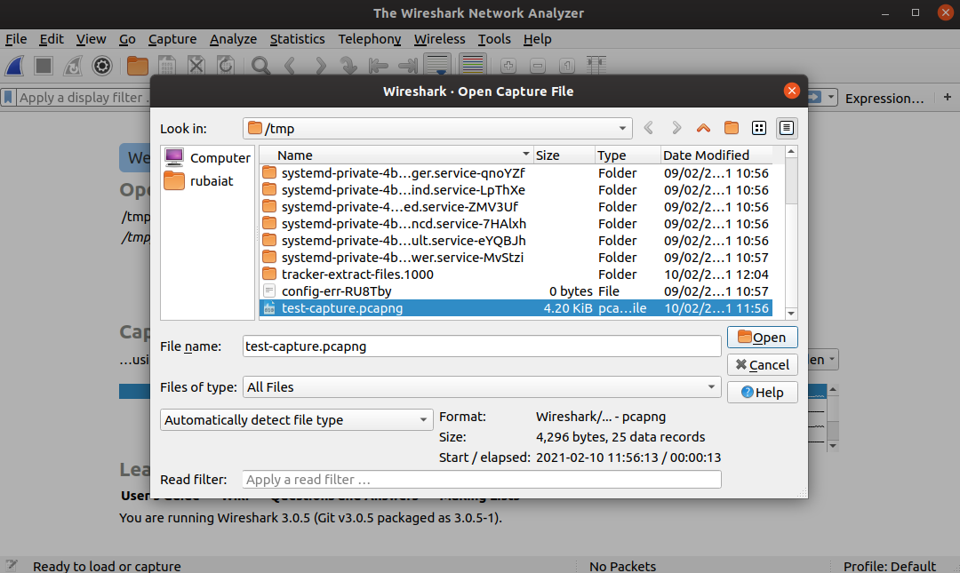 analyze saved Wireshark packets