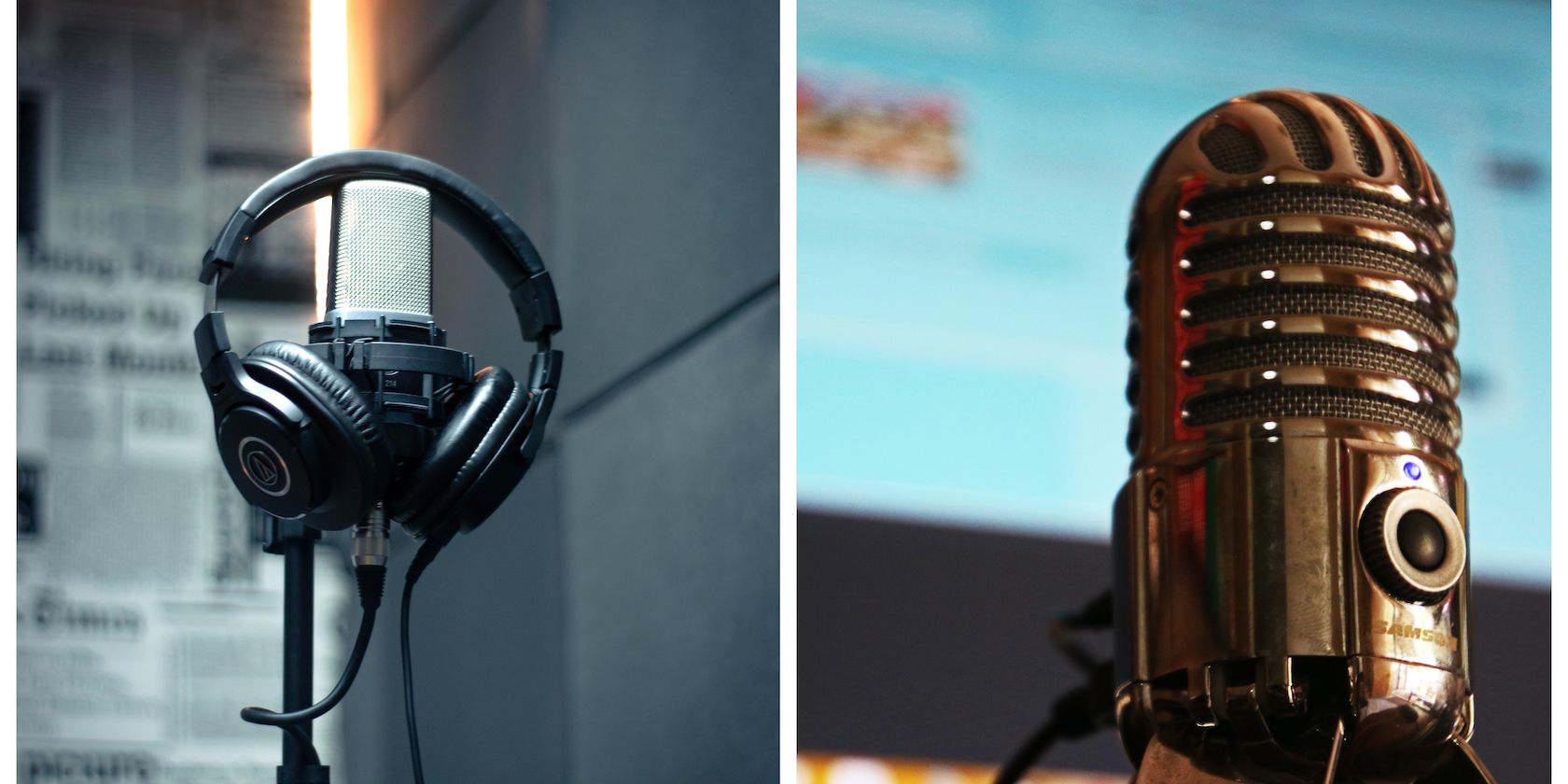 A side by side picture of an XLR microphone and a USB microphone.