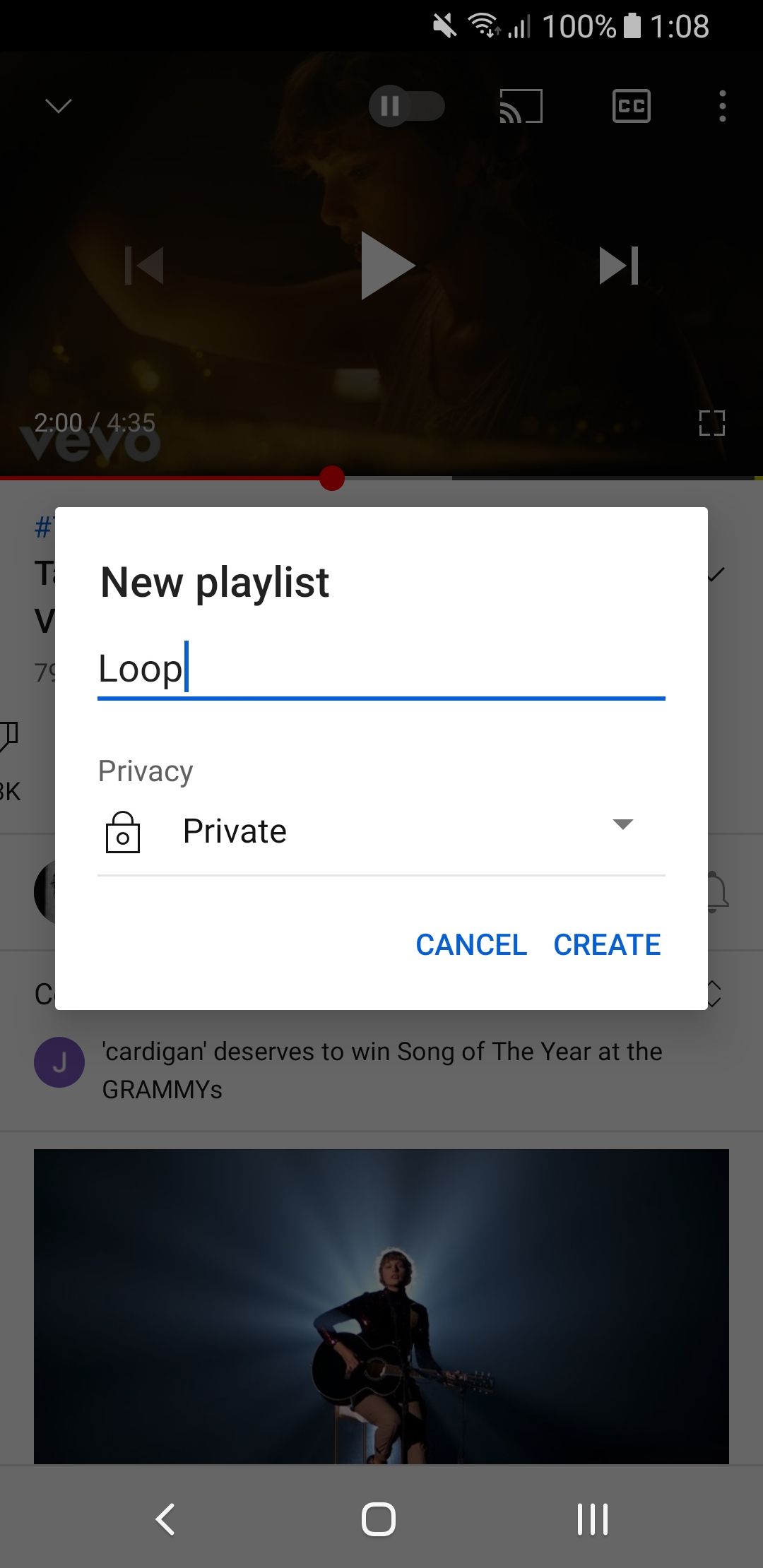 youtube android new playlist