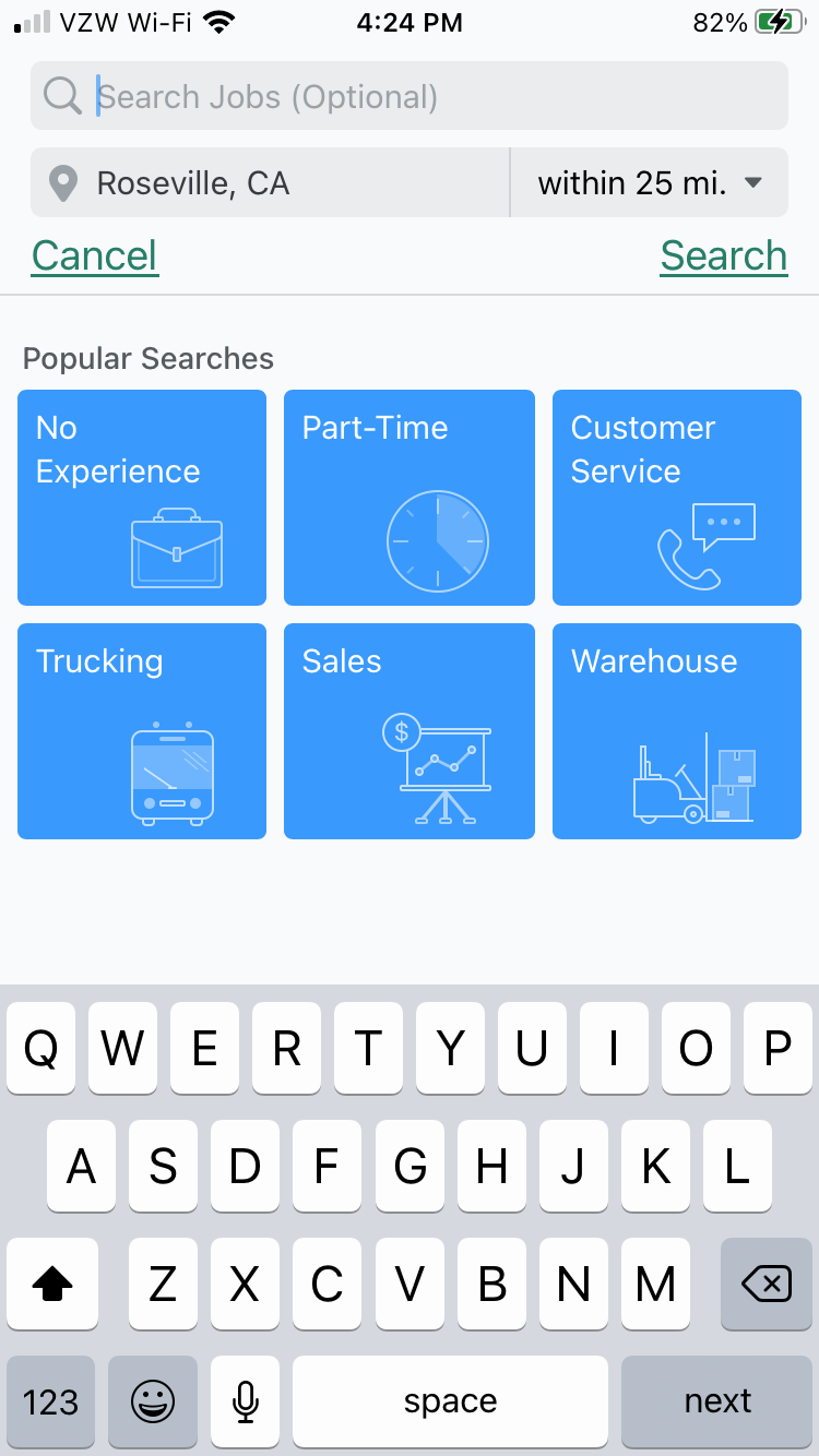The ZipRecruiter App search page showing popular searches