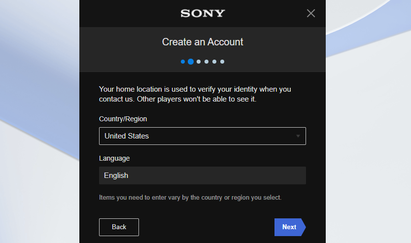 PlayStation Create Account Select Region