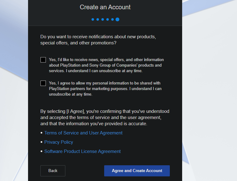 PlayStation Create Account Finalization