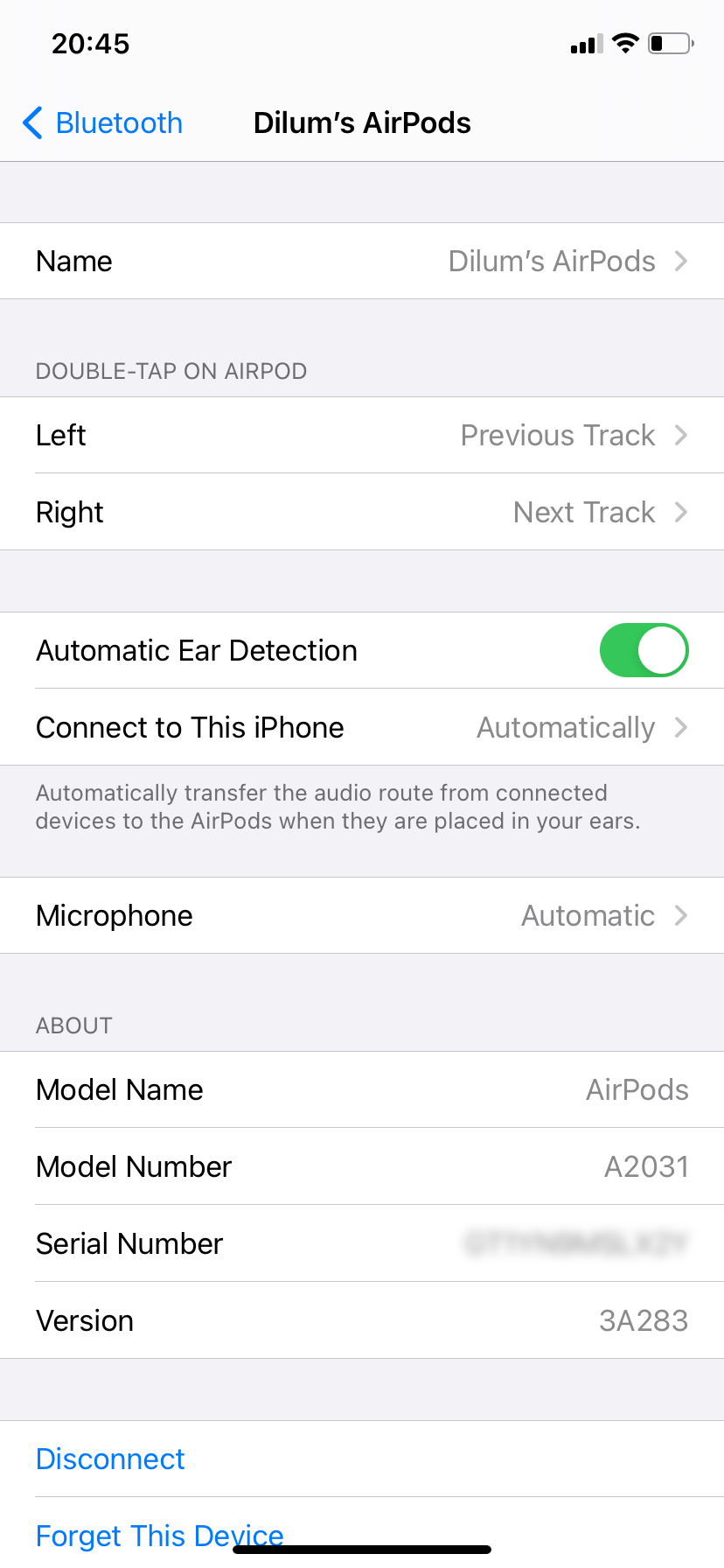 AirPods' Bluetooth Settings.