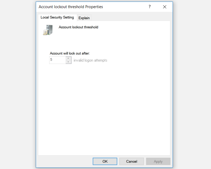 Account lockout threshold policy setting window