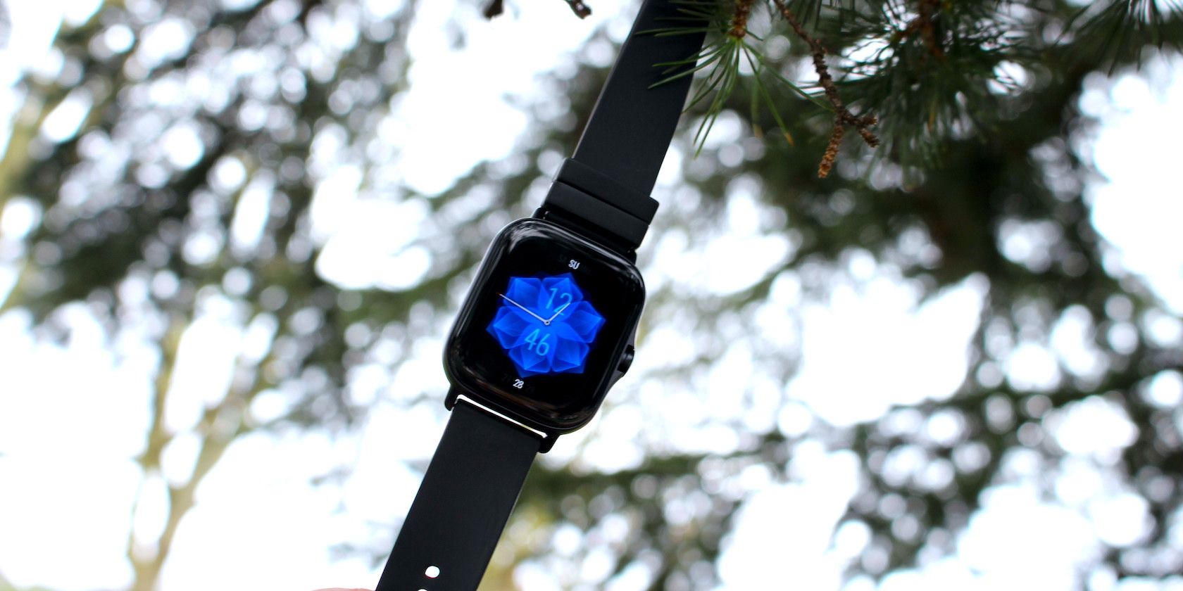 Amazfit GTS 2e smartwatch on a tree