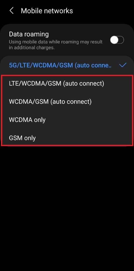 The mobile networks options in an Android 5G-enabled phone, with non-5G options highlighted