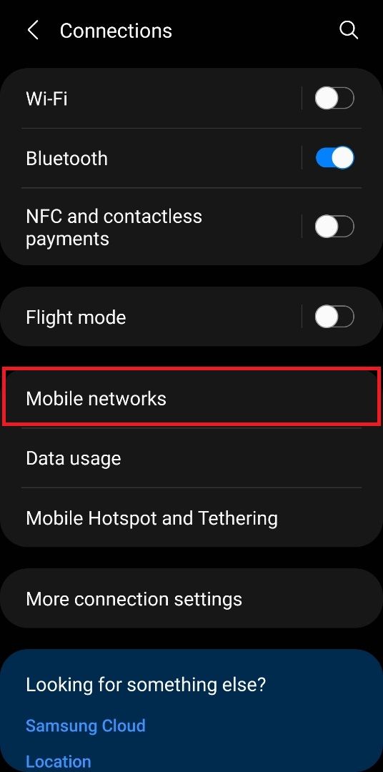 The Connections submenu in an Android phone's settings, with Mobile networks highlighted