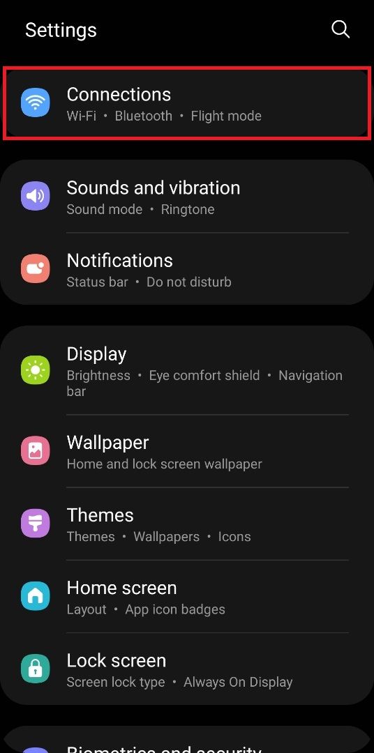 The settings menu in an Android phone, with Connections highlighted