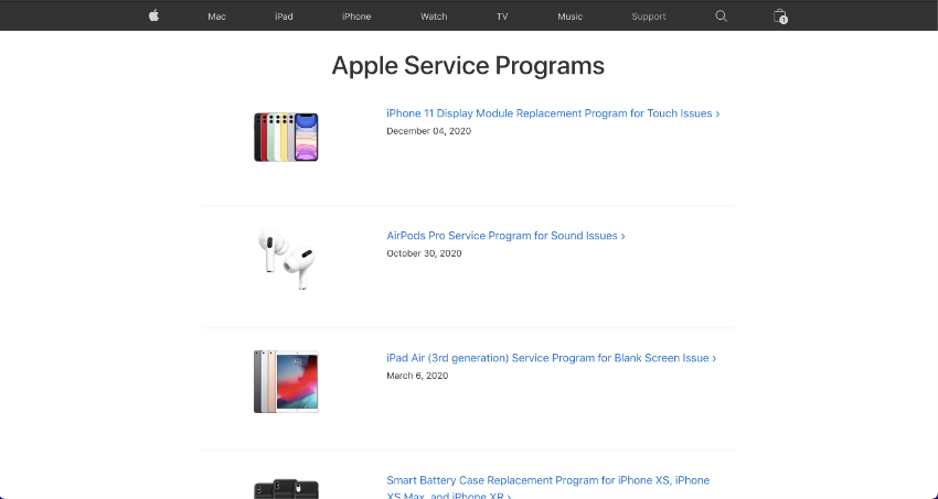 Screenshot of Apple's recall page