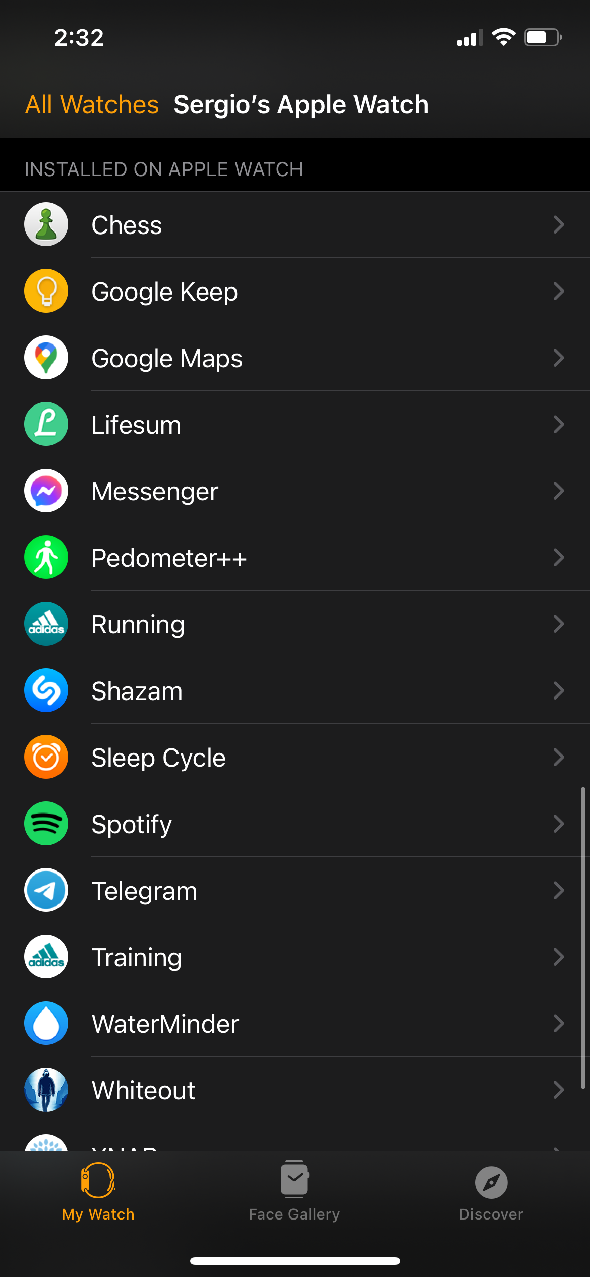 List of apps installed on the Apple Watch from iPhone.