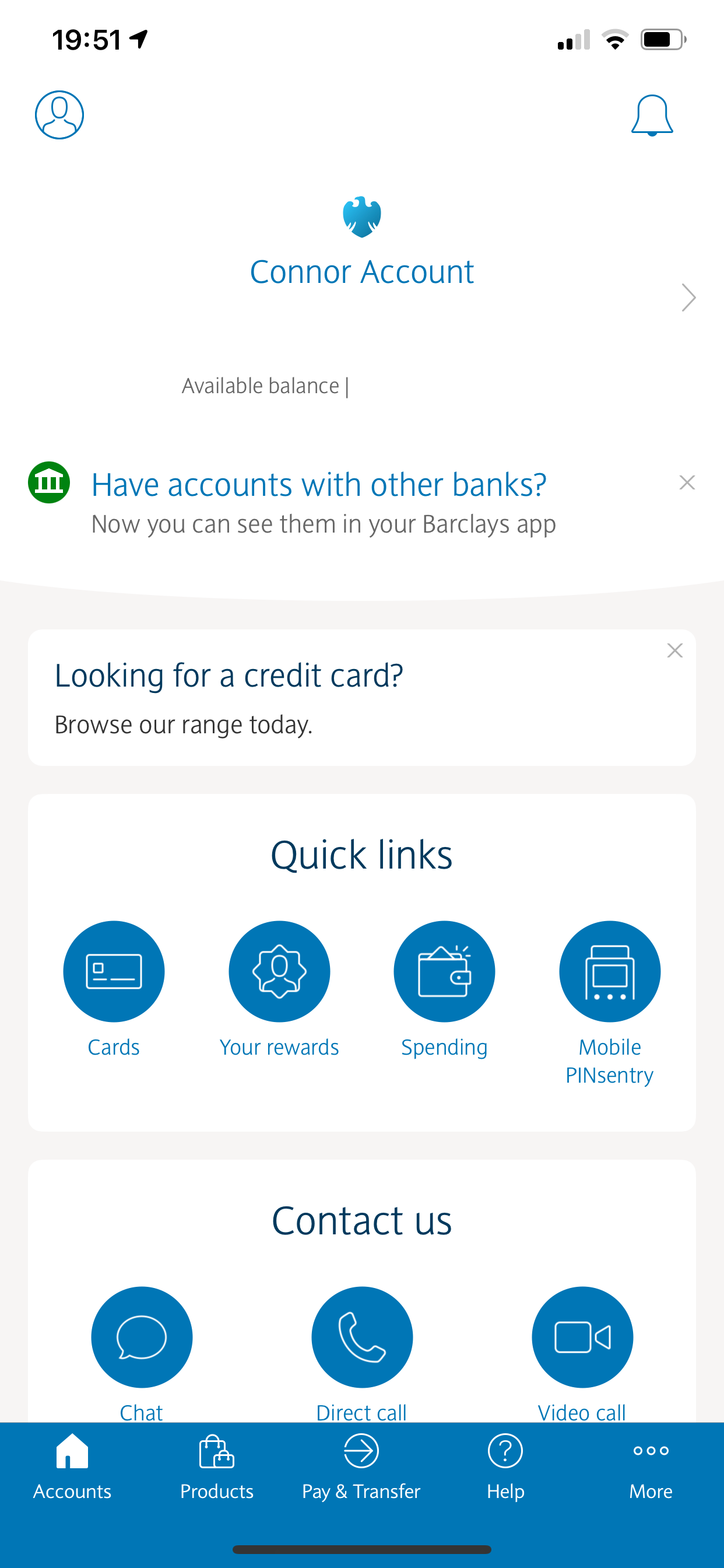 Screenshot of the home page of the Barclays app