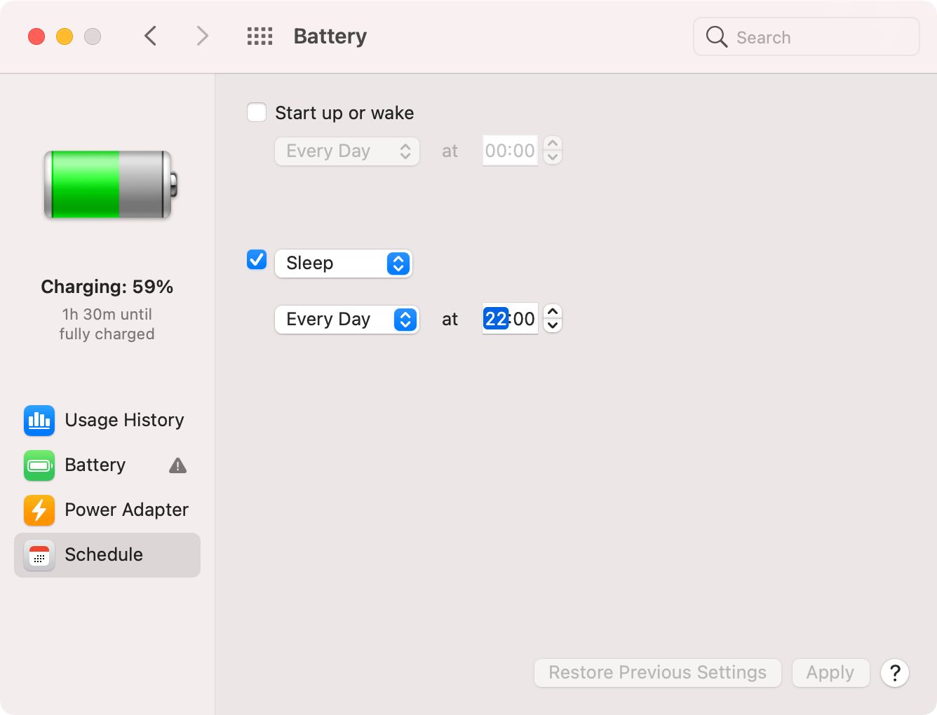 Battery Schedule System Preferences on a Mac.