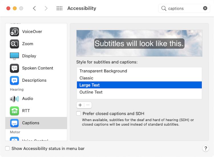 Captions Settings in macOS