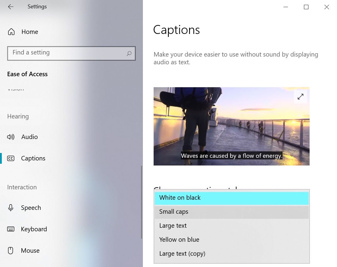 Captions in Windows Settings