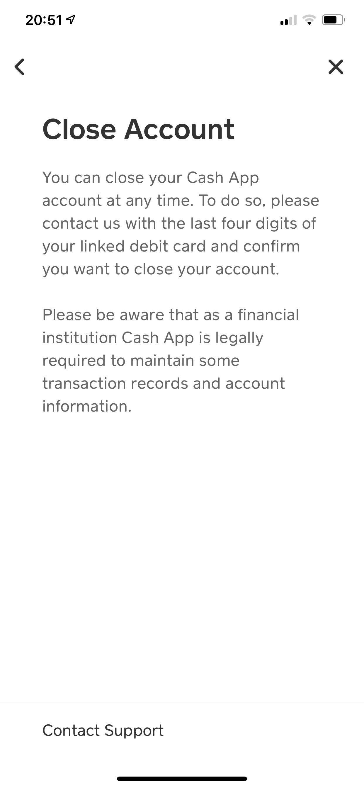 The close account screen in Cash App.