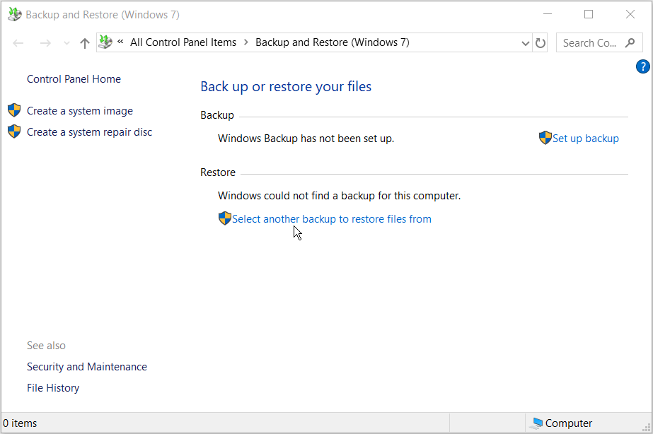Clicking the Select another backup to restore files from option