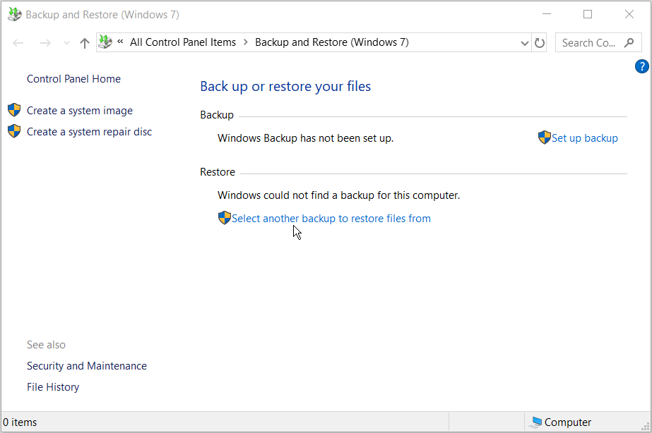 5 Möglichkeiten zum Wiederherstellen Ihrer gelöschten Dateien in Windows 10 - Clicking the Select another backup to restore files from option