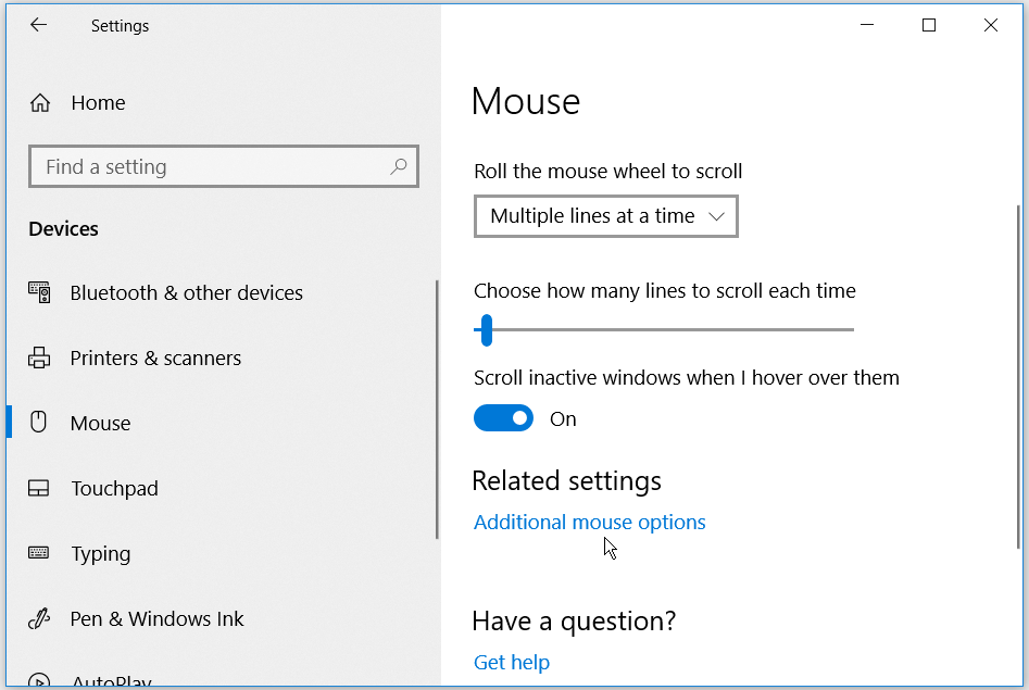 Configuring additional mouse options