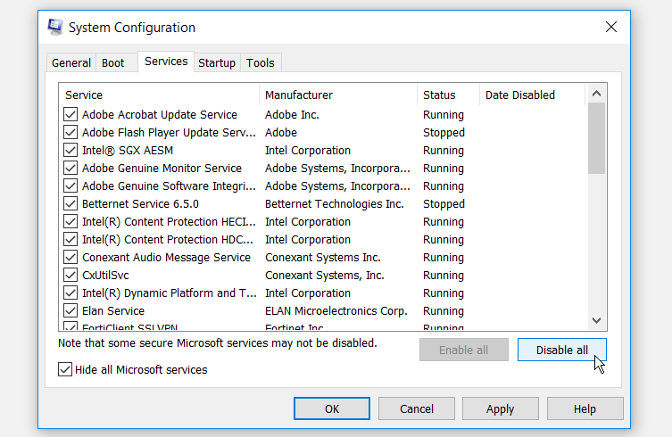 Configuring settings in the Services tab