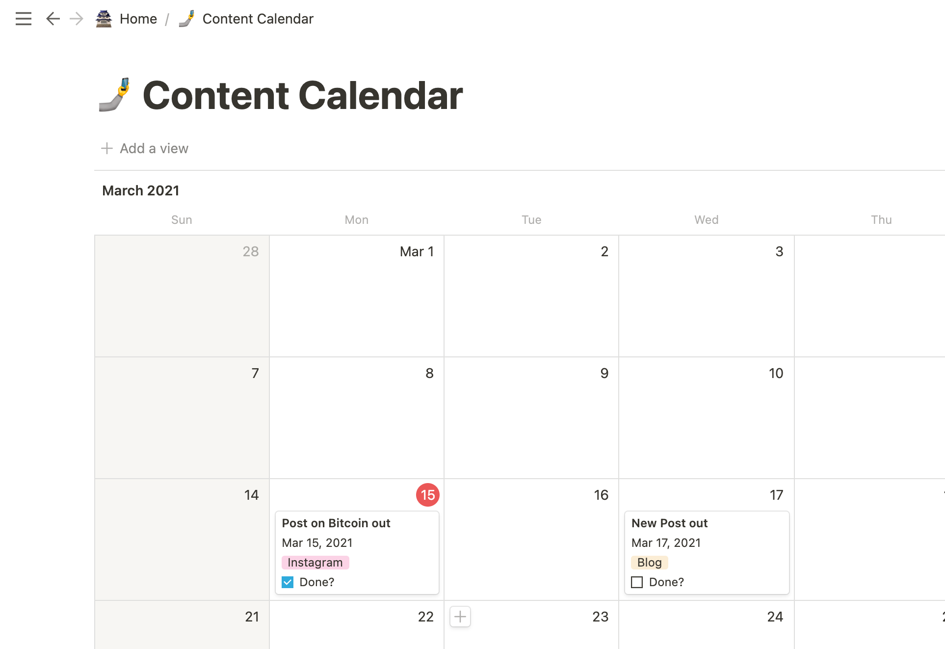 A content calendar in Notion's calendar view
